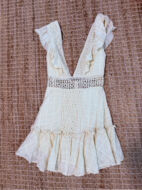 Cream Lace-Trim Deep V Mini Dress